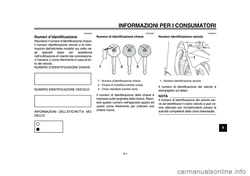 YAMAHA MAJESTY 400 2009  Manuale duso (in Italian)  
9-1 
2
3
4
5
6
7
8
9
 
INFORMAZIONI PER I CONSUMATORI 
HAU26352 
Numeri d’identificazione  
Riportare il numero d’identificazione chiave,
il numero identificazione veicolo e le infor-
mazioni de