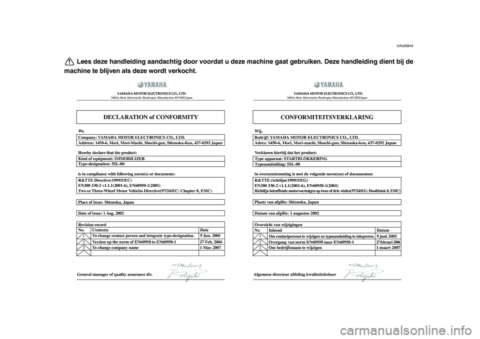 YAMAHA MAJESTY 400 2009  Instructieboekje (in Dutch)  
DAU26945 
Lees deze handleiding aandachtig door voordat u deze machine gaat gebruiken. Deze handleiding dient bij de
machine te blijven als deze wordt verkocht.
DECLARATION of CONFORMITY
YAMAHA MOTO
