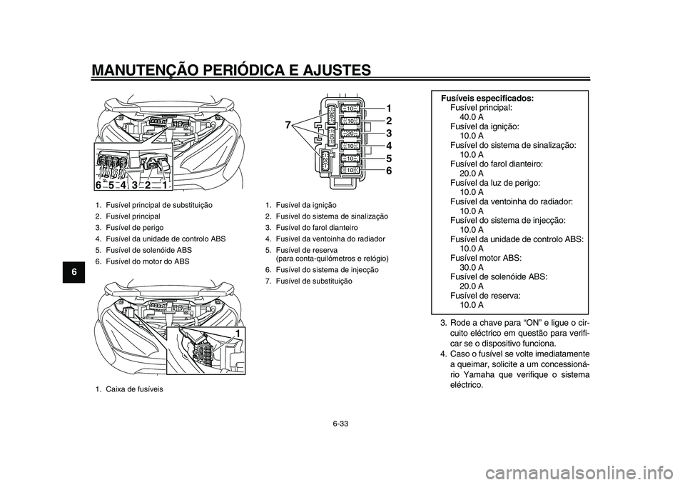 YAMAHA MAJESTY 400 2009 Manual de utilização (in Portuguese)
MANUTENÇÃO PERIÓDICA E AJUSTES
6-33
1
2
3
4
5
6
7
8
9
3. Rode a chave para “ON” e ligue o cir-
cuito eléctrico em questão para verifi-
car se o dispositivo funciona.
4. Caso o fusível YAMAHA MAJESTY 400 2009 Manual de utilização (in Portuguese)
MANUTENÇÃO PERIÓDICA E AJUSTES
6-33
1
2
3
4
5
6
7
8
9
3. Rode a chave para “ON” e ligue o cir-
cuito eléctrico em questão para verifi-
car se o dispositivo funciona.
4. Caso o fusível