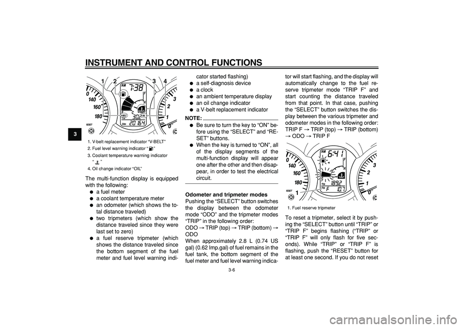 YAMAHA MAJESTY 400 2008  Owners Manual  
INSTRUMENT AND CONTROL FUNCTIONS 
3-6 
1
2
3
4
5
6
7
8
9 
The multi-function display is equipped
with the following:
 
 
a fuel meter 
 
a coolant temperature meter 
 
an odometer (which shows th