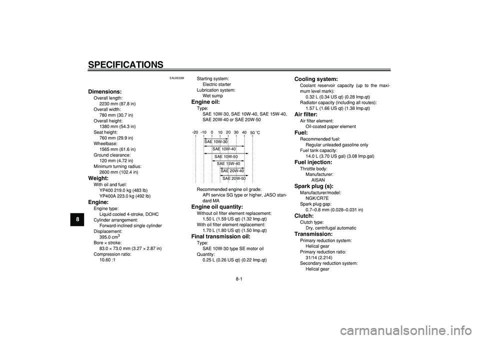 YAMAHA MAJESTY 400 2008  Owners Manual  
8-1 
1
2
3
4
5
6
7
8
9
 
SPECIFICATIONS  
EAU2633M 
Dimensions: 
Overall length: 
2230 mm (87.8 in)
Overall width: 
780 mm (30.7 in)
Overall height: 
1380 mm (54.3 in)
Seat height: 
760 mm (29.9 in)