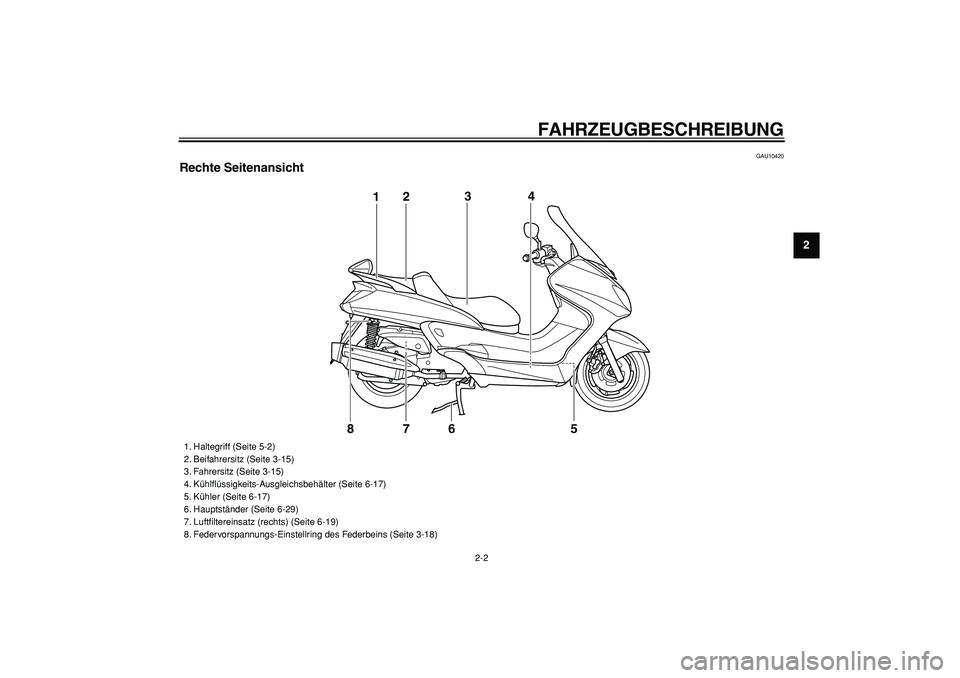 YAMAHA MAJESTY 400 2008  Betriebsanleitungen (in German)  
FAHRZEUGBESCHREIBUNG 
2-2 
2
3
4
5
6
7
8
9
 
GAU10420 
Rechte Seitenansicht
5 123
4
7
6
8
 
1. Haltegriff (Seite 5-2)
2. Beifahrersitz (Seite 3-15)
3. Fahrersitz (Seite 3-15)
4. Kühlﬂüssigkeits-