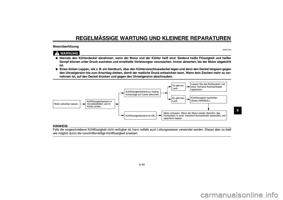 YAMAHA MAJESTY 400 2008  Betriebsanleitungen (in German)  
REGELMÄSSIGE WARTUNG UND KLEINERE REPARATUREN 
6-40 
2
3
4
5
67
8
9
 
Motorüberhitzung
WARNUNG
 
GWAT1040 
 
Niemals den Kühlerdeckel abnehmen, wenn der Motor und der Kühler heiß sind. Siedend