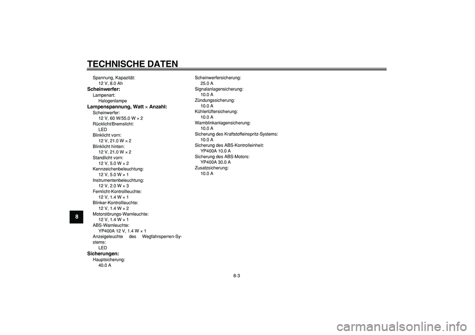 YAMAHA MAJESTY 400 2008  Betriebsanleitungen (in German)  
TECHNISCHE DATEN 
8-3 
1
2
3
4
5
6
7
8
9
 
Spannung, Kapazität: 
12 V, 8.0 Ah 
Scheinwerfer: 
Lampenart: 
Halogenlampe 
Lampenspannung, Watt  
× 
 Anzahl: 
Scheinwerfer: 
12 V, 60 W/55.0 W  
× 
 