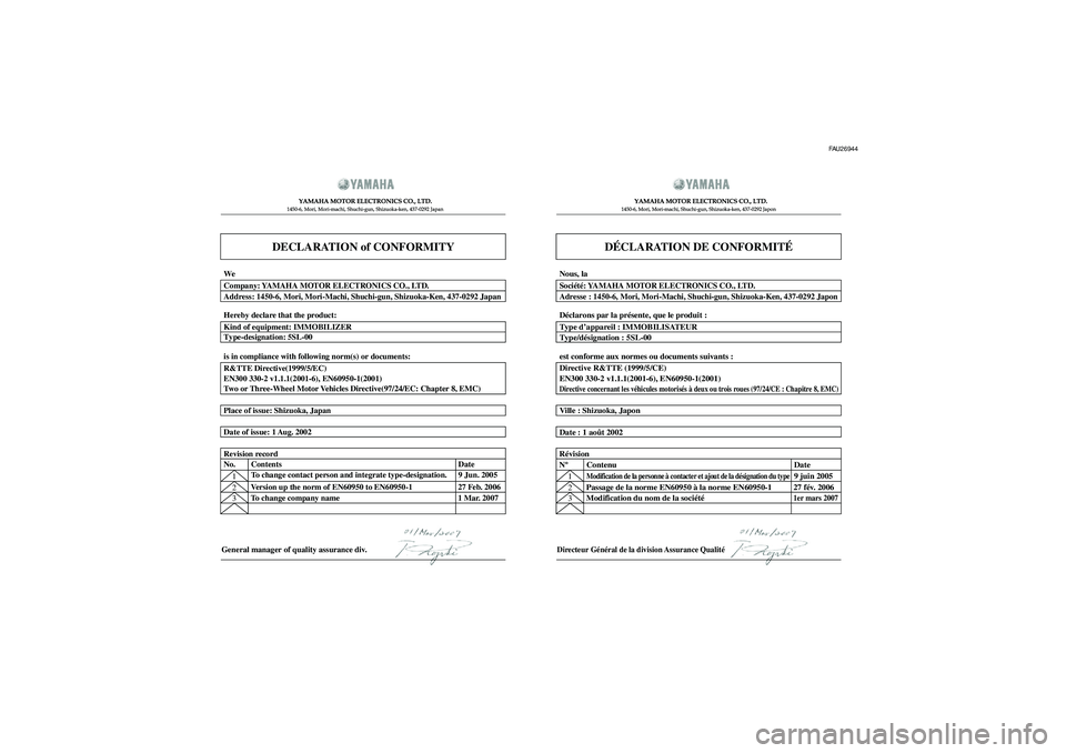 YAMAHA MAJESTY 400 2008  Notices Demploi (in French) DECLARATION of CONFORMITY
YAMAHA MOTOR ELECTRONICS CO., LTD.1450-6, Mori, Mori-machi, Shuchi-gun, Shizuoka-ken, 437-0292 Japan
General manager of quality assurance div.
DÉCLARATION DE CONFORMITÉ
YAM