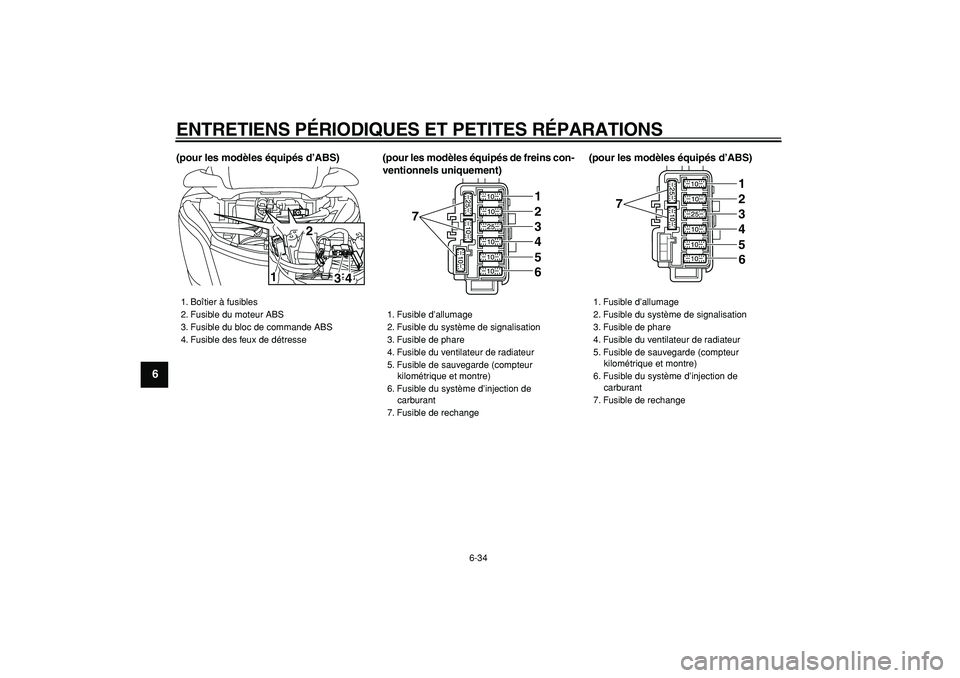 YAMAHA MAJESTY 400 2008 Notices Demploi (in French)
ENTRETIENS PÉRIODIQUES ET PETITES RÉPARATIONS
6-34
1
2
3
4
5
6
7
8
9
(pour les modèles équipés d’ABS) (pour les modèles équipés de freins con-
ventionnels uniquement)(pour les modèles YAMAHA MAJESTY 400 2008 Notices Demploi (in French)
ENTRETIENS PÉRIODIQUES ET PETITES RÉPARATIONS
6-34
1
2
3
4
5
6
7
8
9
(pour les modèles équipés d’ABS) (pour les modèles équipés de freins con-
ventionnels uniquement)(pour les modèles