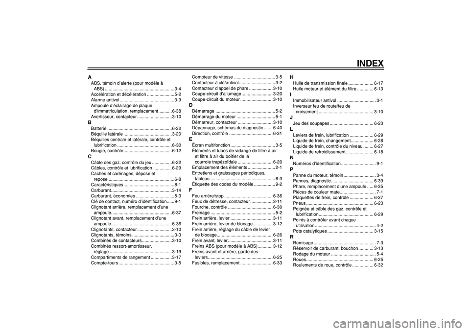 YAMAHA MAJESTY 400 2008  Notices Demploi (in French)  
INDEX 
A 
ABS, témoin d’alerte (pour modèle à 
ABS) ........................................................3-4
Accélération et décélération ......................5-2
Alarme antivol ......