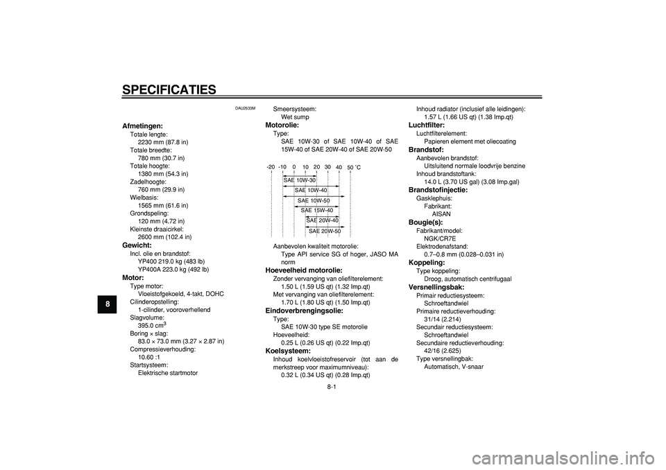 YAMAHA MAJESTY 400 2008  Instructieboekje (in Dutch)  
8-1 
1
2
3
4
5
6
7
8
9
 
SPECIFICATIES  
DAU2633M 
Afmetingen: 
Totale lengte: 
2230 mm (87.8 in)
Totale breedte: 
780 mm (30.7 in)
Totale hoogte: 
1380 mm (54.3 in)
Zadelhoogte: 
760 mm (29.9 in)
W