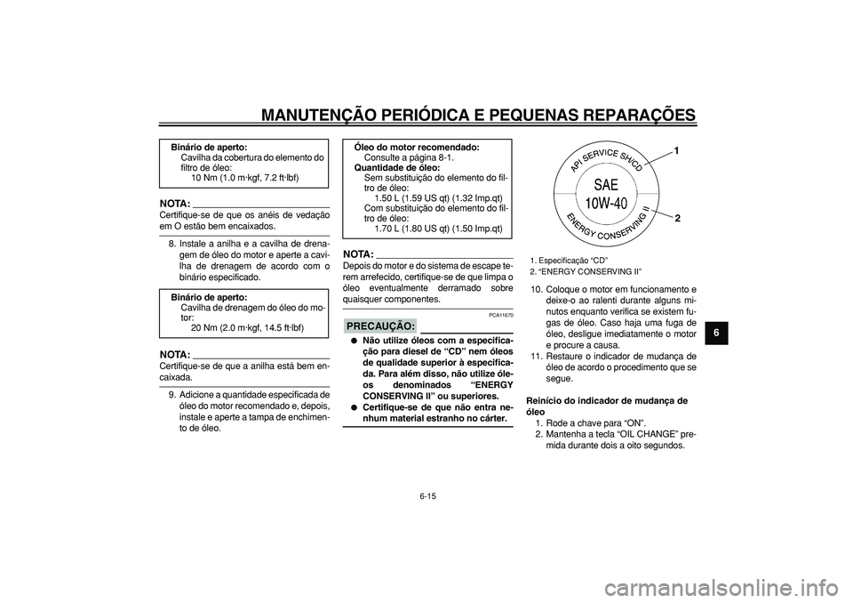 YAMAHA MAJESTY 400 2008 Manual de utilização (in Portuguese)
MANUTENÇÃO PERIÓDICA E PEQUENAS REPARAÇÕES
6-15
2
3
4
5
67
8
9
NOTA:
Certifique-se de que os anéis de vedação
em O estão bem encaixados.
8. Instale a anilha e a cavilha de drena-
gem d YAMAHA MAJESTY 400 2008 Manual de utilização (in Portuguese)
MANUTENÇÃO PERIÓDICA E PEQUENAS REPARAÇÕES
6-15
2
3
4
5
67
8
9
NOTA:
Certifique-se de que os anéis de vedação
em O estão bem encaixados.
8. Instale a anilha e a cavilha de drena-
gem d