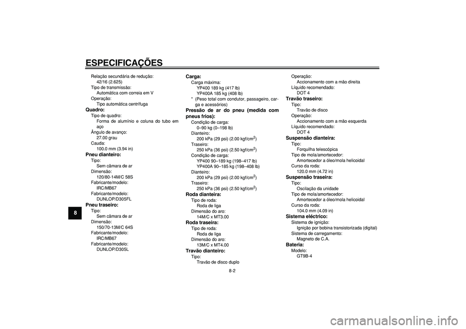 YAMAHA MAJESTY 400 2008  Manual de utilização (in Portuguese)  
ESPECIFICAÇÕES 
8-2 
1
2
3
4
5
6
7
8
9
 
Relação secundária de redução: 
42/16 (2.625)
Tipo de transmissão: 
Automática com correia em V
Operação: 
Tipo automática centrífuga 
Quadro: 
