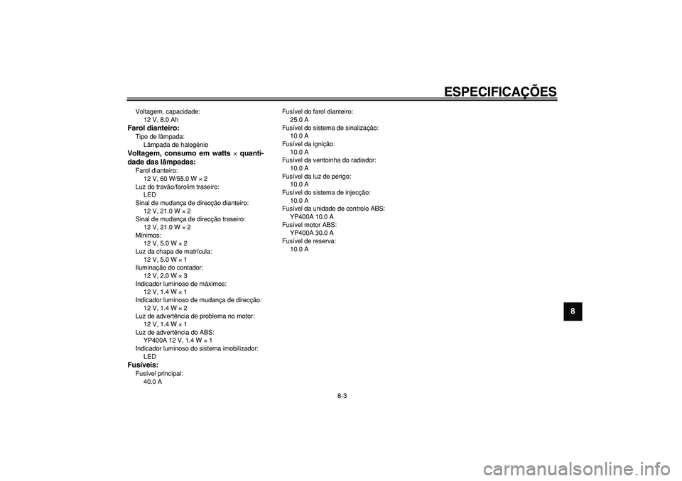 YAMAHA MAJESTY 400 2008  Manual de utilização (in Portuguese)  
ESPECIFICAÇÕES 
8-3 
2
3
4
5
6
7
89
 
Voltagem, capacidade: 
12 V, 8.0 Ah 
Farol dianteiro: 
Tipo de lâmpada: 
Lâmpada de halogénio 
Voltagem, consumo em watts  
× 
 quanti-
dade das lâmpadas