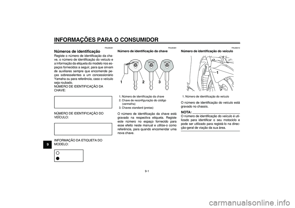 YAMAHA MAJESTY 400 2008  Manual de utilização (in Portuguese)  
9-1 
1
2
3
4
5
6
7
8
9
 
INFORMAÇÕES PARA O CONSUMIDOR 
PAU26351 
Números de identificação  
Registe o número de identificação da cha-
ve, o número de identificação do veículo e
a inform