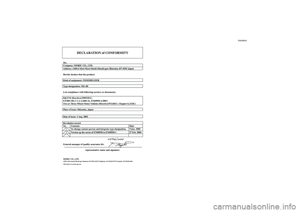 YAMAHA MAJESTY 400 2007  Owners Manual DECLARATION of CONFORMITY
WeCompany: MORIC CO., LTD.
Address: 1450-6 Mori Mori-Machi Shuchi-gun Shizuoka 437-0292 Japan
Hereby declare that the product:
Kind of equipment: IMMOBILIZER
Type-designation