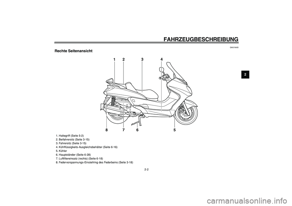 YAMAHA MAJESTY 400 2007  Betriebsanleitungen (in German)  
FAHRZEUGBESCHREIBUNG 
2-2 
2
3
4
5
6
7
8
9
 
GAU10420 
Rechte Seitenansicht
5 123
4
7
6
8
 
1. Haltegriff (Seite 5-2)
2. Beifahrersitz (Seite 3-15)
3. Fahrersitz (Seite 3-15)
4. Kühlﬂüssigkeits-