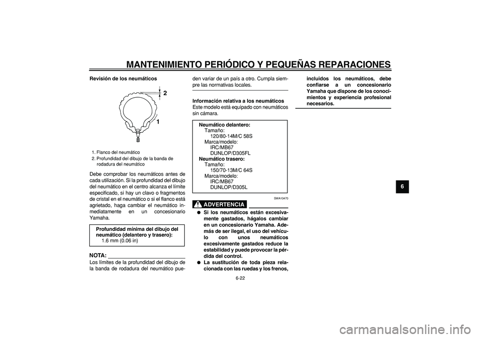 YAMAHA MAJESTY 400 2007 Manuale de Empleo (in Spanish)
MANTENIMIENTO PERIÓDICO Y PEQUEÑAS REPARACIONES
6-22
2
3
4
5
67
8
9
Revisión de los neumáticos
Debe comprobar los neumáticos antes de
cada utilización. Si la profundidad del dibujo
del ne YAMAHA MAJESTY 400 2007 Manuale de Empleo (in Spanish)
MANTENIMIENTO PERIÓDICO Y PEQUEÑAS REPARACIONES
6-22
2
3
4
5
67
8
9
Revisión de los neumáticos
Debe comprobar los neumáticos antes de
cada utilización. Si la profundidad del dibujo
del ne