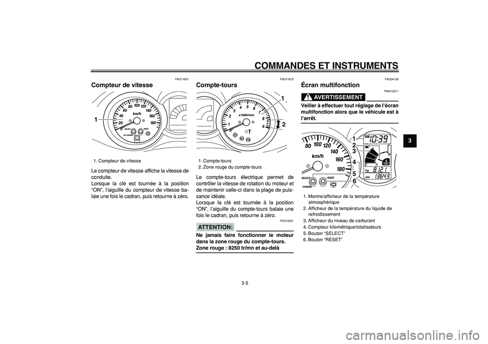 YAMAHA MAJESTY 400 2007  Notices Demploi (in French)  
COMMANDES ET INSTRUMENTS 
3-5 
2
34
5
6
7
8
9
 
FAU11601 
Compteur de vitesse  
Le compteur de vitesse affiche la vitesse de
conduite.
Lorsque la clé est tournée à la position
“ON”, l’aigui