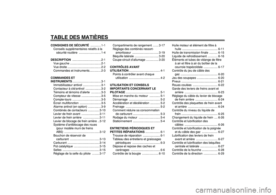 YAMAHA MAJESTY 400 2007  Notices Demploi (in French)  
TABLE DES MATIÈRES 
CONSIGNES DE SÉCURITÉ 
 .............1-1
Conseils supplémentaires relatifs à la 
sécurité routière  ...........................1-4 
DESCRIPTION  
........................