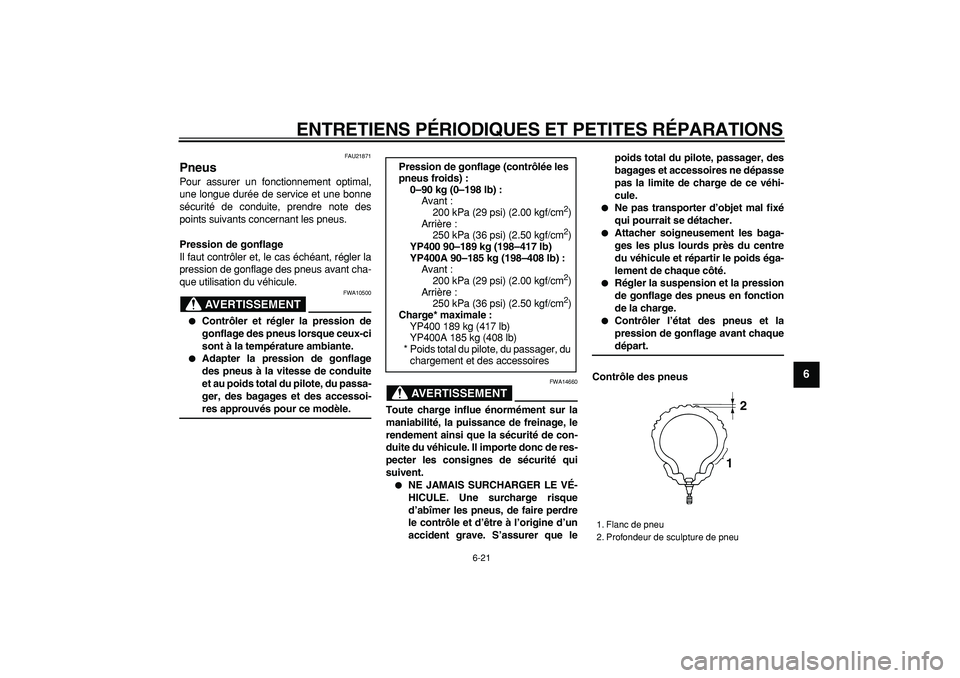 YAMAHA MAJESTY 400 2007  Notices Demploi (in French)  
ENTRETIENS PÉRIODIQUES ET PETITES RÉPARATIONS 
6-21 
2
3
4
5
67
8
9
 
FAU21871 
Pneus  
Pour assurer un fonctionnement optimal,
une longue durée de service et une bonne
sécurité de conduite, pr