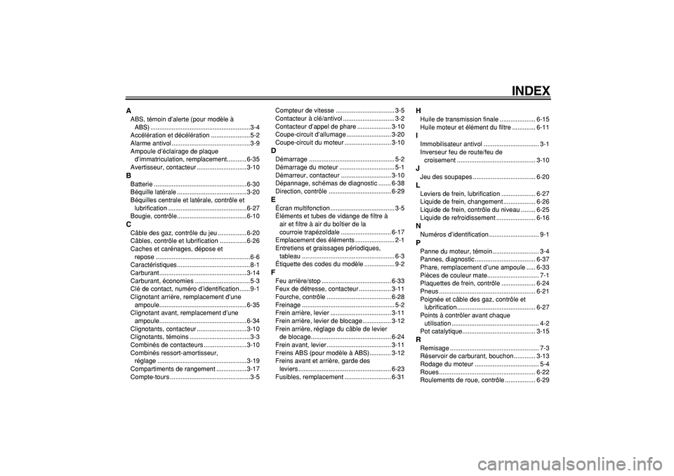 YAMAHA MAJESTY 400 2007  Notices Demploi (in French)  
INDEX 
A 
ABS, témoin d’alerte (pour modèle à 
ABS) ........................................................3-4
Accélération et décélération ......................5-2
Alarme antivol ......