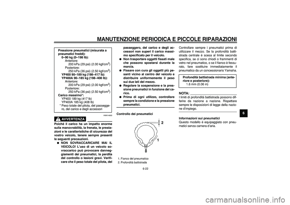 YAMAHA MAJESTY 400 2007  Manuale duso (in Italian)  
MANUTENZIONE PERIODICA E PICCOLE RIPARAZIONI
 
6-22 
2
3
4
5
67
8
9
AVVERTENZA
 
HWA14660 
Poiché il carico ha un impatto enorme
sulla manovrabilità, la frenata, le presta-
zioni e le caratteristi