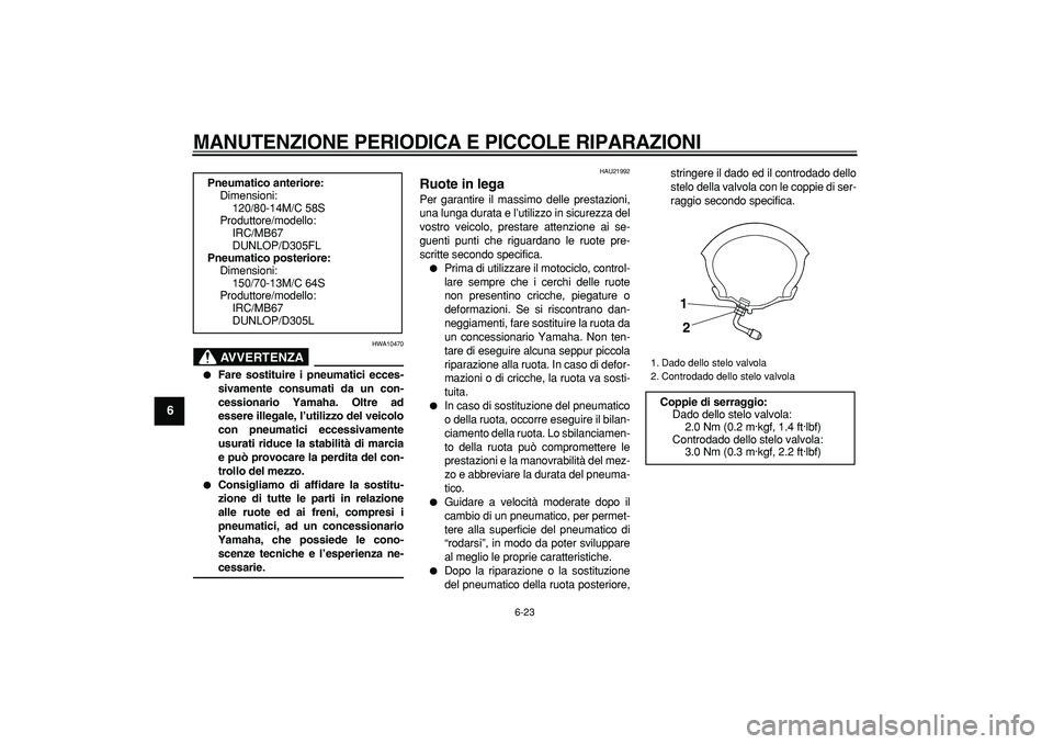 YAMAHA MAJESTY 400 2007  Manuale duso (in Italian)  
MANUTENZIONE PERIODICA E PICCOLE RIPARAZIONI
 
6-23 
1
2
3
4
5
6
7
8
9
AVVERTENZA
 
HWA10470 
 
Fare sostituire i pneumatici ecces-
sivamente consumati da un con-
cessionario Yamaha. Oltre ad
esser