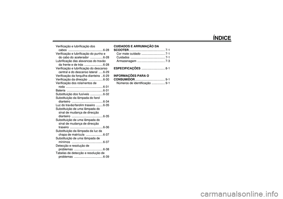 YAMAHA MAJESTY 400 2007  Manual de utilização (in Portuguese)  
ÍNDICE 
Verificação e lubrificação dos 
cabos ......................................... 6-28
Verificação e lubrificação do punho e 
do cabo do acelerador  ............... 6-28
Lubrificaçã