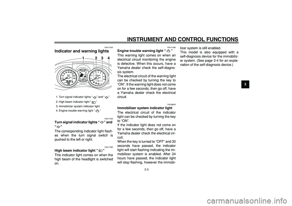 YAMAHA MAJESTY 400 2006 User Guide  
INSTRUMENT AND CONTROL FUNCTIONS 
3-3 
2
34
5
6
7
8
9
 
EAU11003 
Indicator and warning lights  
EAU11030 
Turn signal indicator lights “” and 
“”  
The corresponding indicator light flash-
