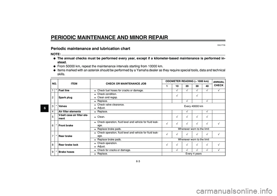 YAMAHA MAJESTY 400 2006 Service Manual  
PERIODIC MAINTENANCE AND MINOR REPAIR 
6-3 
1
2
3
4
5
6
7
8
9
 
EAU17705 
Periodic maintenance and lubrication chart 
NOTE:
 
 
The annual checks must be performed every year, except if a kilometer