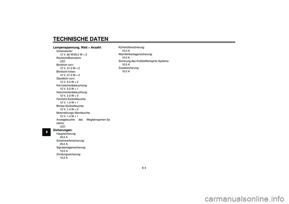 YAMAHA MAJESTY 400 2006  Betriebsanleitungen (in German)  
TECHNISCHE DATEN 
8-3 
1
2
3
4
5
6
7
8
9
 
Lampenspannung, Watt  
× 
 Anzahl: 
Scheinwerfer: 
12 V, 60 W/55.0 W  
× 
 2
Rücklicht/Bremslicht: 
LED
Blinklicht vorn: 
12 V, 21.0 W  
× 
 2
Blinklic