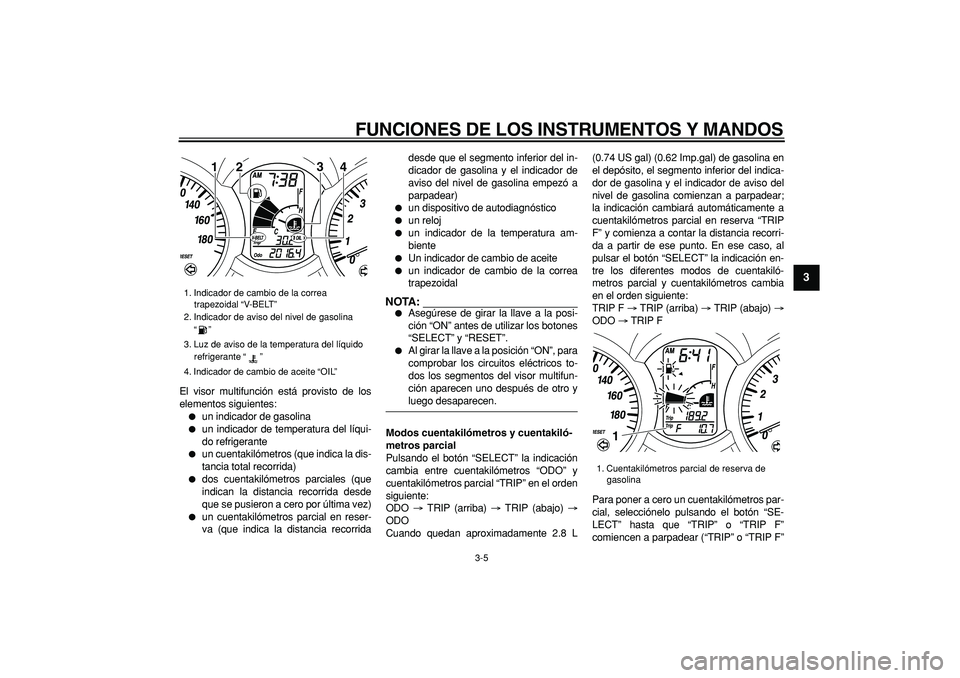 YAMAHA MAJESTY 400 2006  Manuale de Empleo (in Spanish)  
FUNCIONES DE LOS INSTRUMENTOS Y MANDOS 
3-5 
2
34
5
6
7
8
9
 
El visor multifunción está provisto de los
elementos siguientes: 
 
un indicador de gasolina 
 
un indicador de temperatura del líq