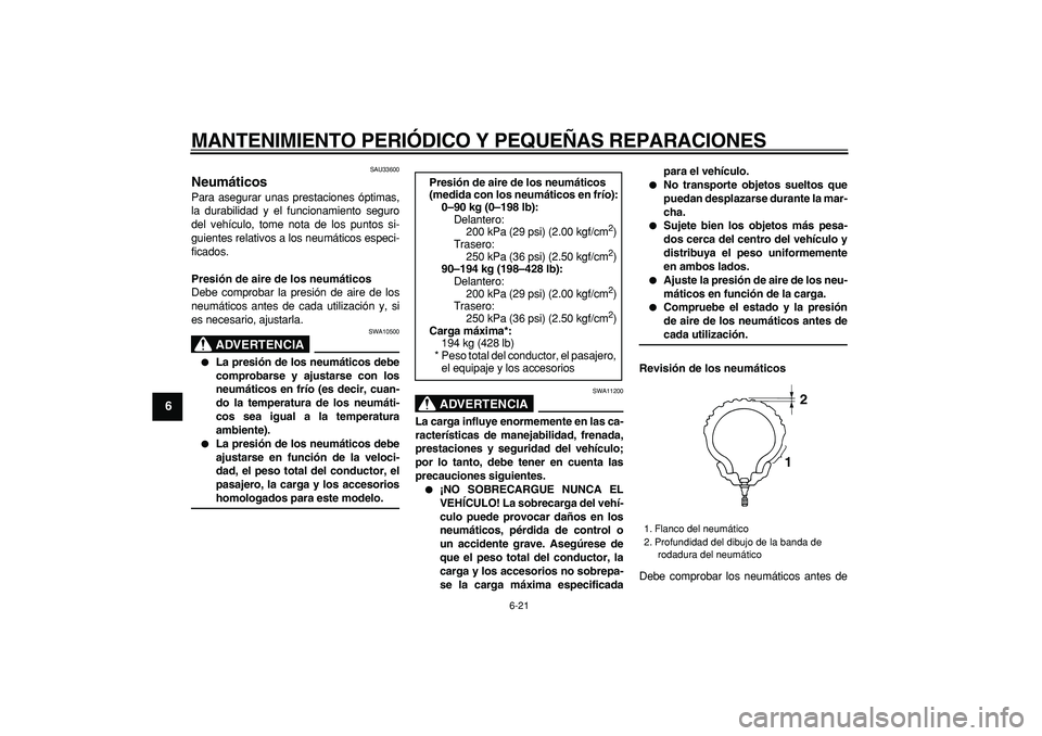 YAMAHA MAJESTY 400 2006  Manuale de Empleo (in Spanish)  
MANTENIMIENTO PERIÓDICO Y PEQUEÑAS REPARACIONES 
6-21 
1
2
3
4
5
6
7
8
9
 
SAU33600 
Neumáticos  
Para asegurar unas prestaciones óptimas,
la durabilidad y el funcionamiento seguro
del vehículo