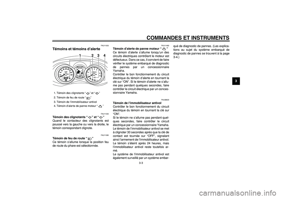 YAMAHA MAJESTY 400 2006  Notices Demploi (in French)  
COMMANDES ET INSTRUMENTS 
3-3 
2
34
5
6
7
8
9
 
FAU11003 
Témoins et témoins d’alerte  
FAU11030 
Témoin des clignotants “” et “”  
Quand le contacteur des clignotants est
poussé vers 