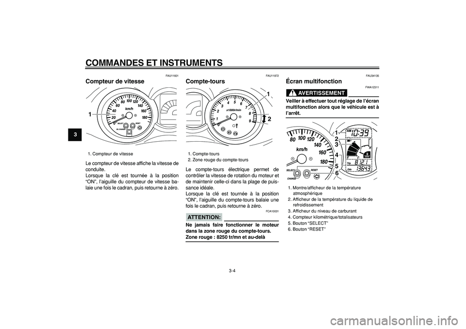 YAMAHA MAJESTY 400 2006  Notices Demploi (in French)  
COMMANDES ET INSTRUMENTS 
3-4 
1
2
3
4
5
6
7
8
9
 
FAU11601 
Compteur de vitesse  
Le compteur de vitesse affiche la vitesse de
conduite.
Lorsque la clé est tournée à la position
“ON”, l’ai