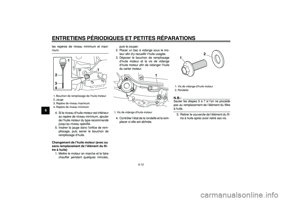 YAMAHA MAJESTY 400 2006  Notices Demploi (in French)  
ENTRETIENS PÉRIODIQUES ET PETITES RÉPARATIONS 
6-12 
1
2
3
4
5
6
7
8
9
 
les repères de niveau minimum et maxi- 
mum.
4. Si le niveau d’huile moteur est inférieur
au repère de niveau minimum,