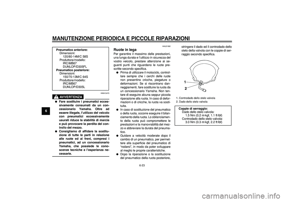 YAMAHA MAJESTY 400 2006  Manuale duso (in Italian)  
MANUTENZIONE PERIODICA E PICCOLE RIPARAZIONI
 
6-23 
1
2
3
4
5
6
7
8
9
AVVERTENZA
 
HWA10470 
 
Fare sostituire i pneumatici ecces-
sivamente consumati da un con-
cessionario Yamaha. Oltre ad
esser