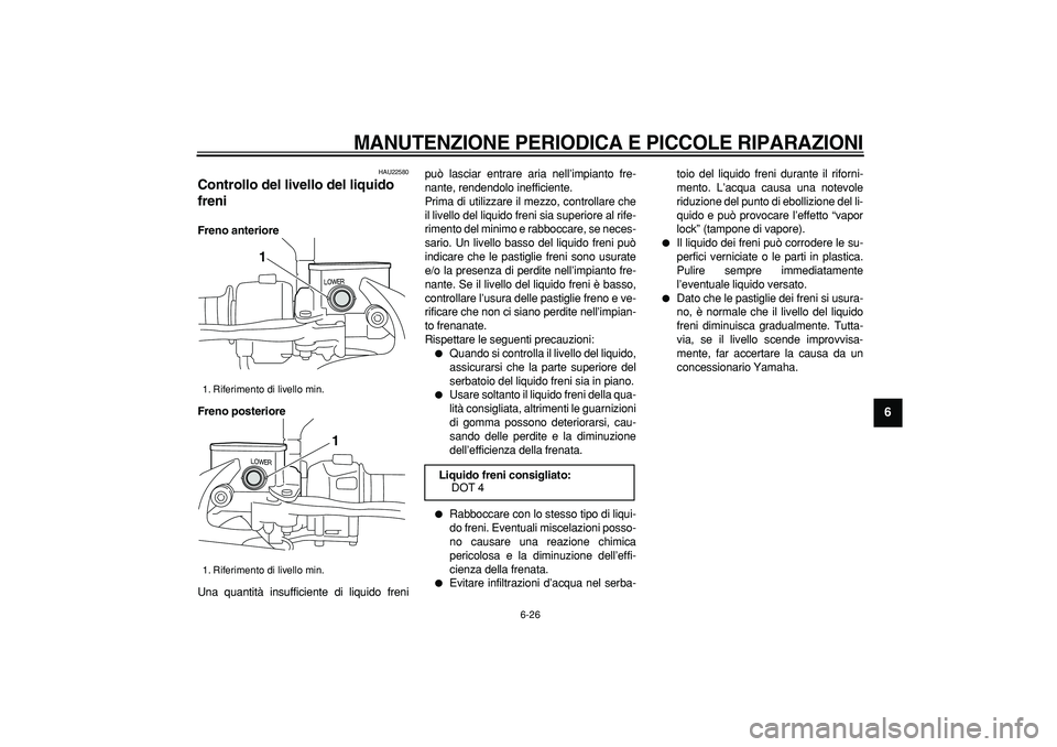 YAMAHA MAJESTY 400 2006  Manuale duso (in Italian)  
MANUTENZIONE PERIODICA E PICCOLE RIPARAZIONI
 
6-26 
2
3
4
5
67
8
9
 
HAU22580 
Controllo del livello del liquido 
freni  
Freno anteriore
Freno posteriore 
Una quantità insufficiente di liquido fr