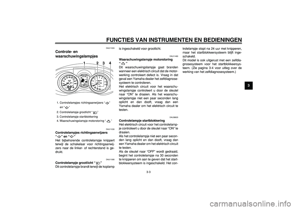 YAMAHA MAJESTY 400 2006  Instructieboekje (in Dutch)  
FUNCTIES VAN INSTRUMENTEN EN BEDIENINGEN 
3-3 
2
34
5
6
7
8
9
 
DAU11003 
Controle- en 
waarschuwingslampjes  
DAU11030 
Controlelampjes richtingaanwijzers 
“ ” en “ ”  
Het bijbehorende con