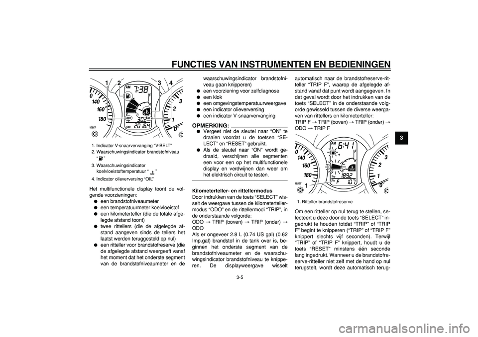 YAMAHA MAJESTY 400 2006  Instructieboekje (in Dutch)  
FUNCTIES VAN INSTRUMENTEN EN BEDIENINGEN 
3-5 
2
34
5
6
7
8
9
 
Het multifunctionele display toont de vol-
gende voorzieningen: 
 
een brandstofniveaumeter 
 
een temperatuurmeter koelvloeistof 
