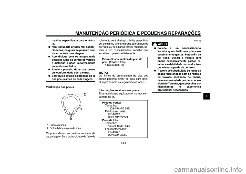 YAMAHA MAJESTY 400 2006  Manual de utilização (in Portuguese)  
MANUTENÇÃO PERIÓDICA E PEQUENAS REPARAÇÕES 
6-23 
2
3
4
5
67
8
9
 
máxima especificada para o veícu-
lo. 
 
Não transporte artigos mal acondi-
cionados, os quais se possam des-
locar durant