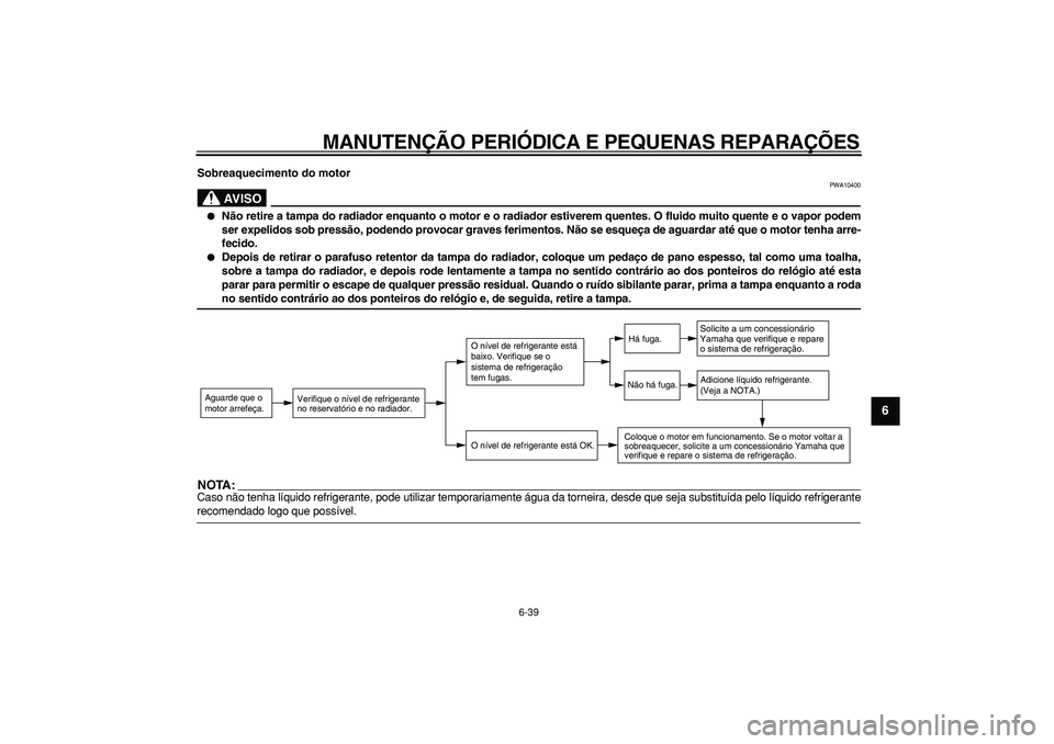 YAMAHA MAJESTY 400 2006  Manual de utilização (in Portuguese)  
MANUTEN ÇÃO PERI ÓDICA E PEQUENAS REPARA ÇÕES 
6-39  2
3
4
5
67
8
9
 
Sobreaquecimento do motor
AVISO
 
PWA10400 
 
N ão retire a tampa do radiador enquanto o motor e o radiador estiverem que
