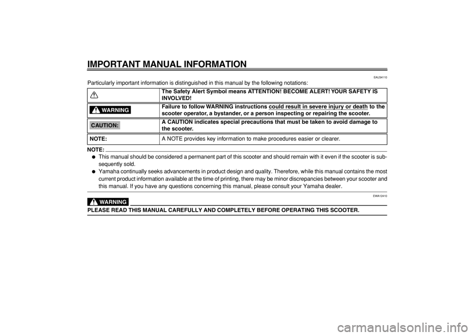 YAMAHA MAJESTY 400 2005  Owners Manual  
IMPORTANT MANUAL INFORMATION 
EAU34110 
Particularly important information is distinguished in this manual by the following notations:
NOTE:
 
 
This manual should be considered a permanent part of