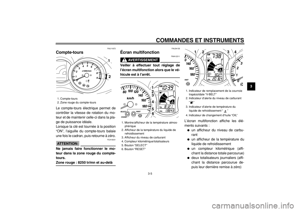 YAMAHA MAJESTY 400 2005  Notices Demploi (in French)  
COMMANDES ET INSTRUMENTS 
3-5 
2
34
5
6
7
8
9
 
FAU11872 
Compte-tours  
Le compte-tours électrique permet de
contrôler la vitesse de rotation du mo-
teur et de maintenir celle-ci dans la pla-
ge 