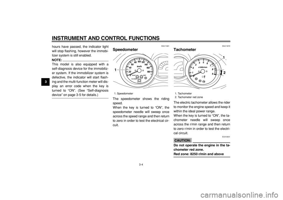 YAMAHA MAJESTY 400 2004 User Guide  
INSTRUMENT AND CONTROL FUNCTIONS 
3-4 
1
2
3
4
5
6
7
8
9 
hours have passed, the indicator light
will stop flashing, however the immobi-
lizer system is still enabled. 
NOTE:
 
This model is also eq