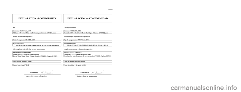 YAMAHA MAJESTY 400 2004  Manuale de Empleo (in Spanish) SAU26941
DECLARATION of CONFORMITY
We
Hereby declare that the product:
is in compliance with following norm(s) or documents: Type-designation:
         5SL-00, 5VS-00, 5VX-00, 3HT-00, 5UX-00, 5UX-10, 