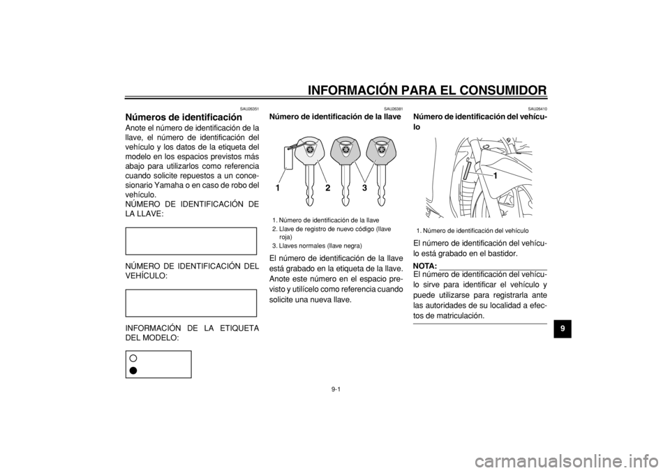 YAMAHA MAJESTY 400 2004  Manuale de Empleo (in Spanish)  
INFORMACIÓN PARA EL CONSUMIDOR 
9-1 
2
3
4
5
6
7
8
9
 
SAU26351 
Números de identificación  
Anote el número de identificación de la
llave, el número de identificación del
vehículo y los dat