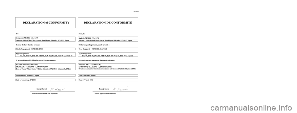 YAMAHA MAJESTY 400 2004  Notices Demploi (in French) FAU26941
DECLARATION of CONFORMITY
We
Hereby declare that the product:
is in compliance with following norm(s) or documents: Type-designation:
         5SL-00, 5VS-00, 5VX-00, 3HT-00, 5UX-00, 5UX-10, 