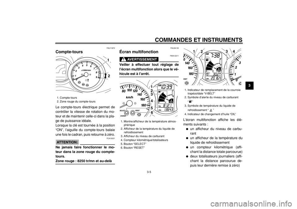 YAMAHA MAJESTY 400 2004  Notices Demploi (in French)  
COMMANDES ET INSTRUMENTS 
3-5 
2
34
5
6
7
8
9
 
FAU11872 
Compte-tours  
Le compte-tours électrique permet de
contrôler la vitesse de rotation du mo-
teur et de maintenir celle-ci dans la pla-
ge 