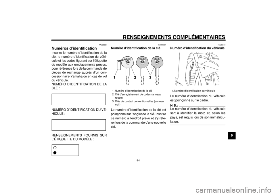 YAMAHA MAJESTY 400 2004  Notices Demploi (in French)  
RENSEIGNEMENTS COMPLÉMENTAIRES 
9-1 
2
3
4
5
6
7
8
9
 
FAU26351 
Numéros d’identification  
Inscrire le numéro d’identification de la
clé, le numéro d’identification du véhi-
cule et les