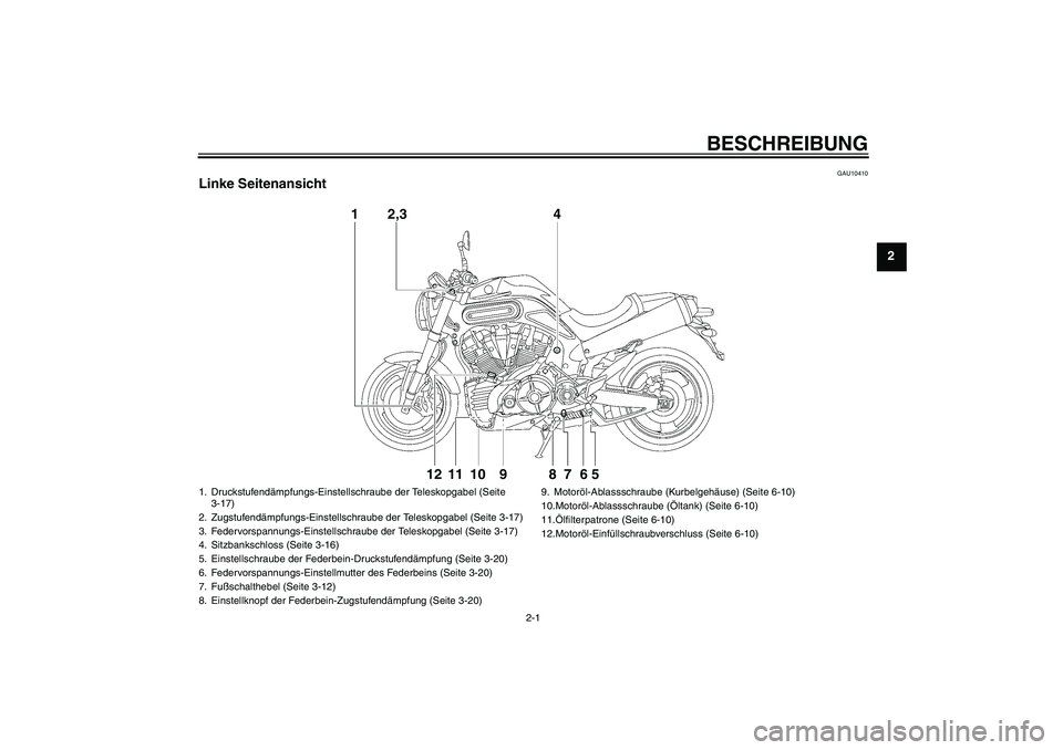 YAMAHA MT-01 2009  Betriebsanleitungen (in German) BESCHREIBUNG
2-1
2
GAU10410
Linke Seitenansicht
142,3
12 11 10 9 8 7 6 5
1. Druckstufendämpfungs-Einstellschraube der Teleskopgabel (Seite 
3-17)
2. Zugstufendämpfungs-Einstellschraube der Teleskopg