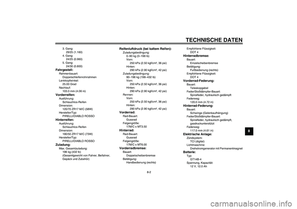 YAMAHA MT-01 2009  Betriebsanleitungen (in German) TECHNISCHE DATEN
8-2
8
3. Gang:
29/25 (1.160)
4. Gang:
24/25 (0.960)
5. Gang:
24/30 (0.800)
Fahrgestell:Rahmenbauart:
Doppelschleifenrohrrahmen
Lenkkopfwinkel:
25.00 Grad
Nachlauf:
103.0 mm (4.06 in)V